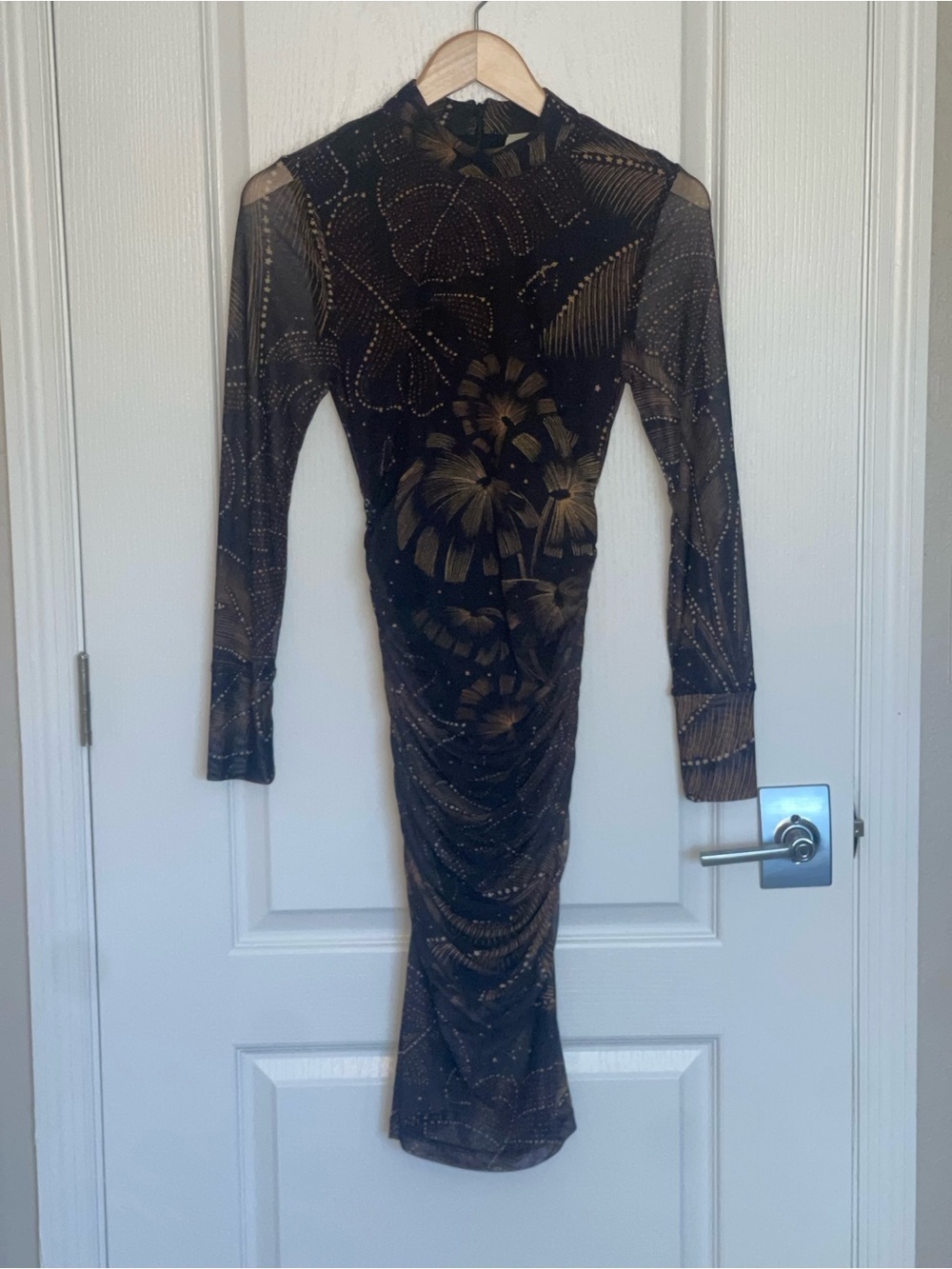 FARM RIO Golden Foliage Long Sleeve Tulle Black Sheer Starburst Palm Print XS - Picture 7 of 11